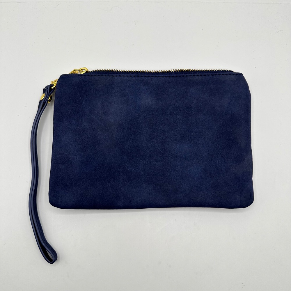 Francesca's Navy Blue Faux Suede Wristlet Clutch Pouch Bag Gold Hardware